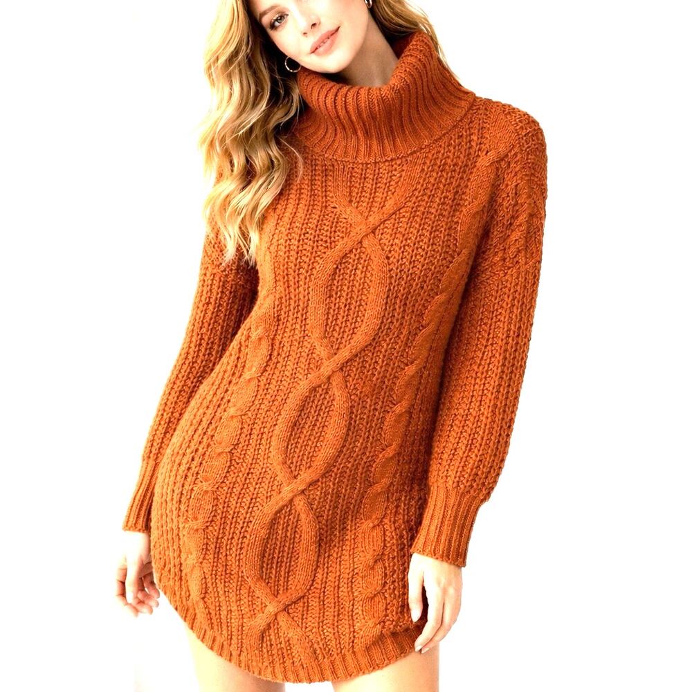 Express Cable Knit Sweater Dress M Rust Turtleneck Boho Cozycore Fall Knit